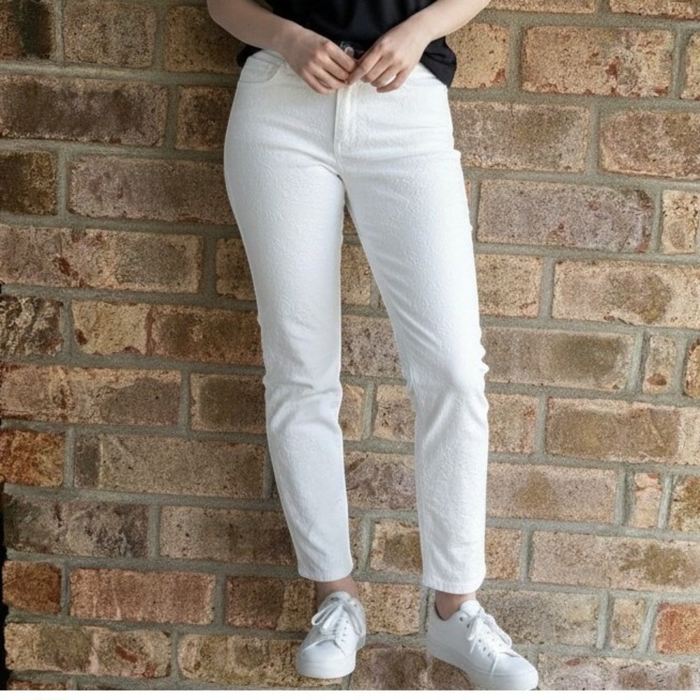 Jen7 by 7 For All Mankind Ankle Skinny Jeans 10 White Lace Floral Jacquard Denim